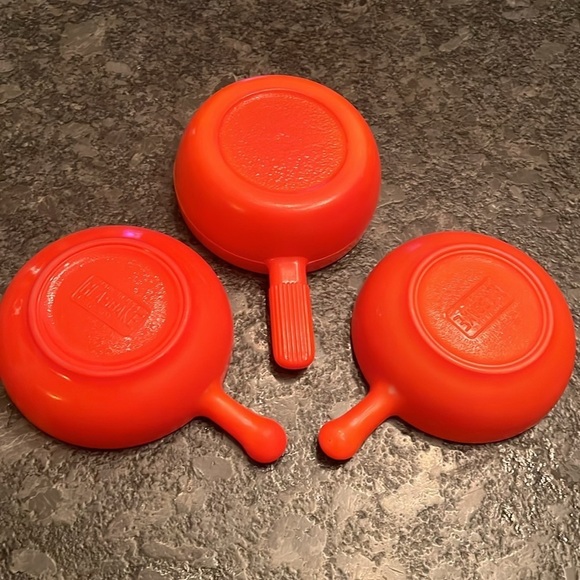 Set of Three Glassbake Orange Red Handle MCM Soup Bowls - Picture 2 of 4